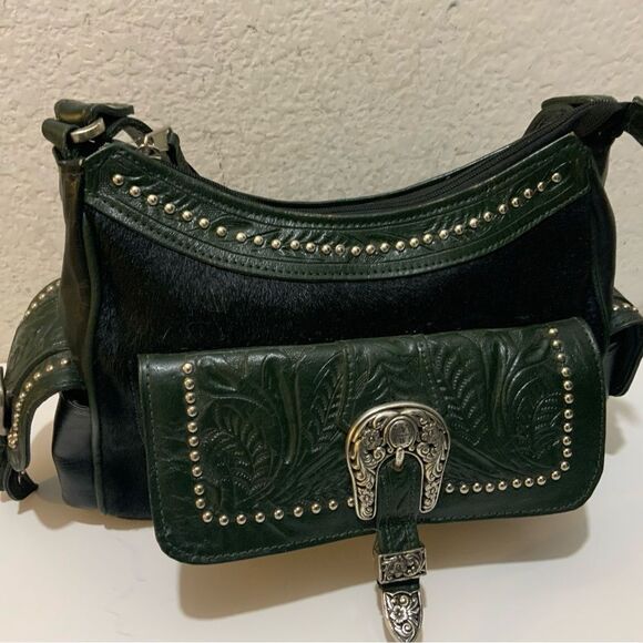 American West Black Hair-On Cowtown Green Tooled Leather Zip-Top Shoulder Bag - Picture 2 of 15